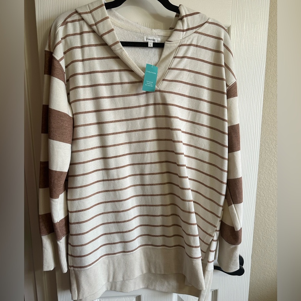 NWT Striped Cream and Brown Hoodie Sweater